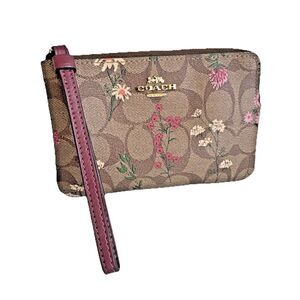 Coach Floral Signature Wristlet Brown Pink Zip Pouch